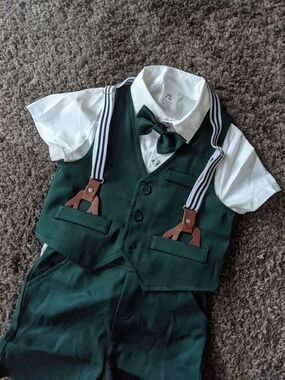 Kids Green Vest & Bow Tie Shorts Set with Suspenders